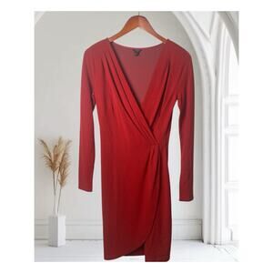Ann Taylor Red Knit Bodycon Faux Wrap Long Sleeve Dress Women's Size 2